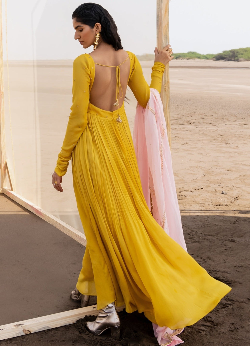 Mango Yellow Kalidar Anarkali With Baby Pink Border Line Dupatta Ease - Fabilicious Fashion