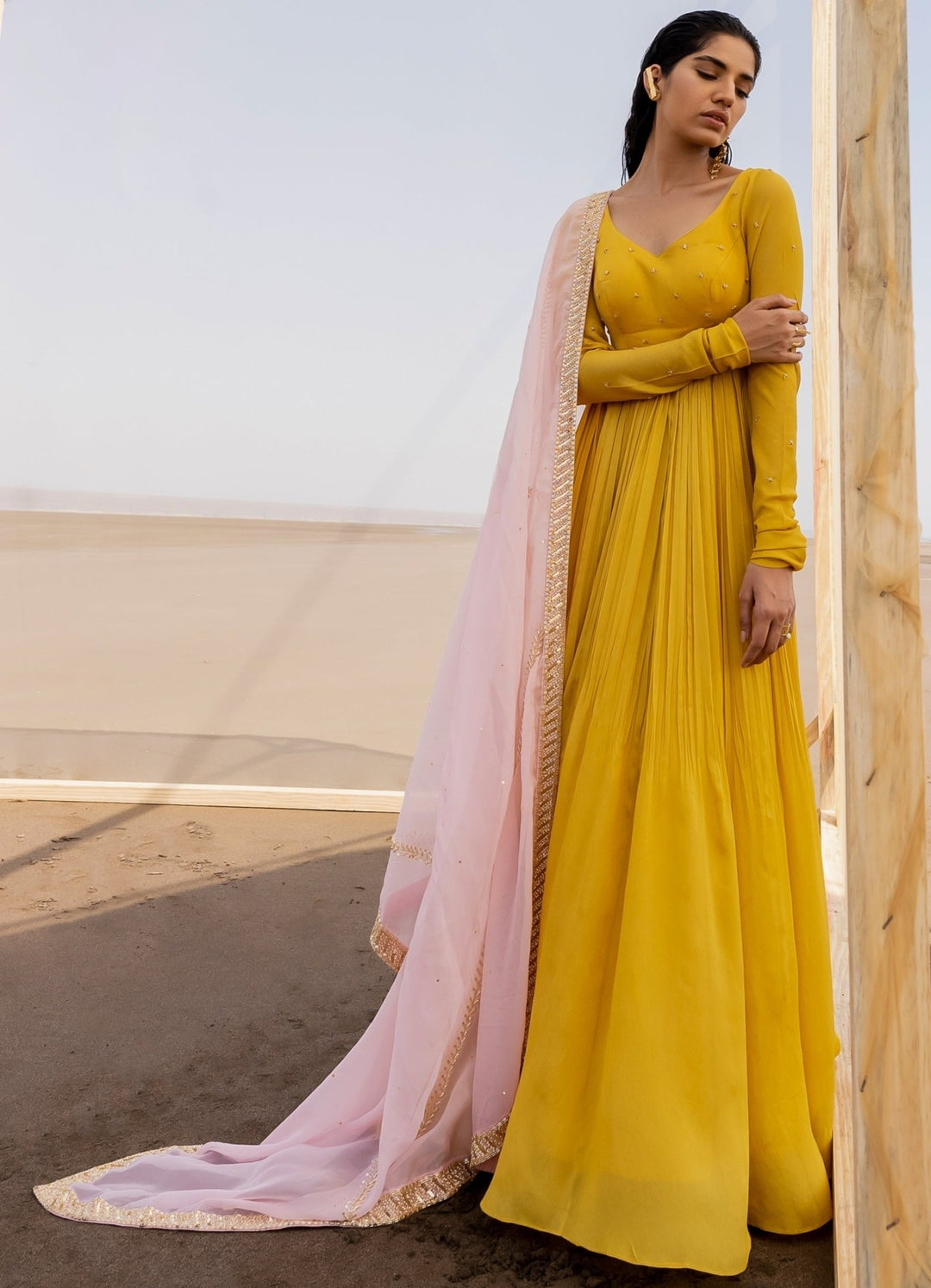 Mango Yellow Kalidar Anarkali With Baby Pink Border Line Dupatta Ease - Fabilicious Fashion