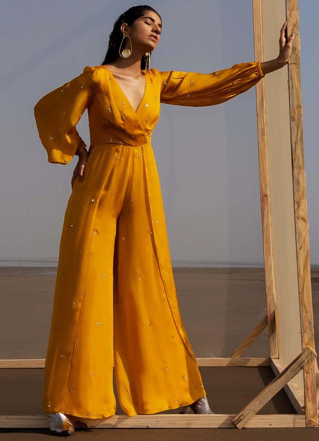 Mango Yellow Overlap Butti Balloon Sleeves Jumpsuit Ease - Fabilicious Fashion