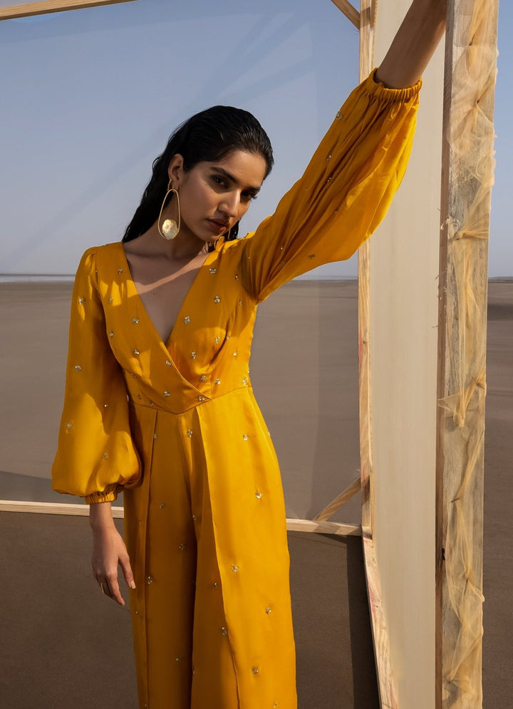 Mango Yellow Overlap Butti Balloon Sleeves Jumpsuit Ease - Fabilicious Fashion