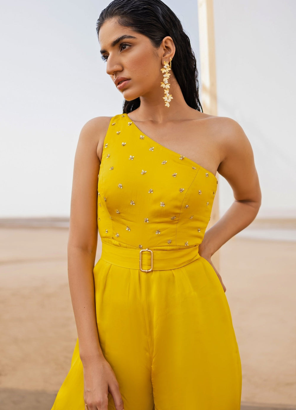Mango Yellow Small Butti Embroidered One Side Shoulder Jumpsuit With A Belt Ease - Fabilicious Fashion