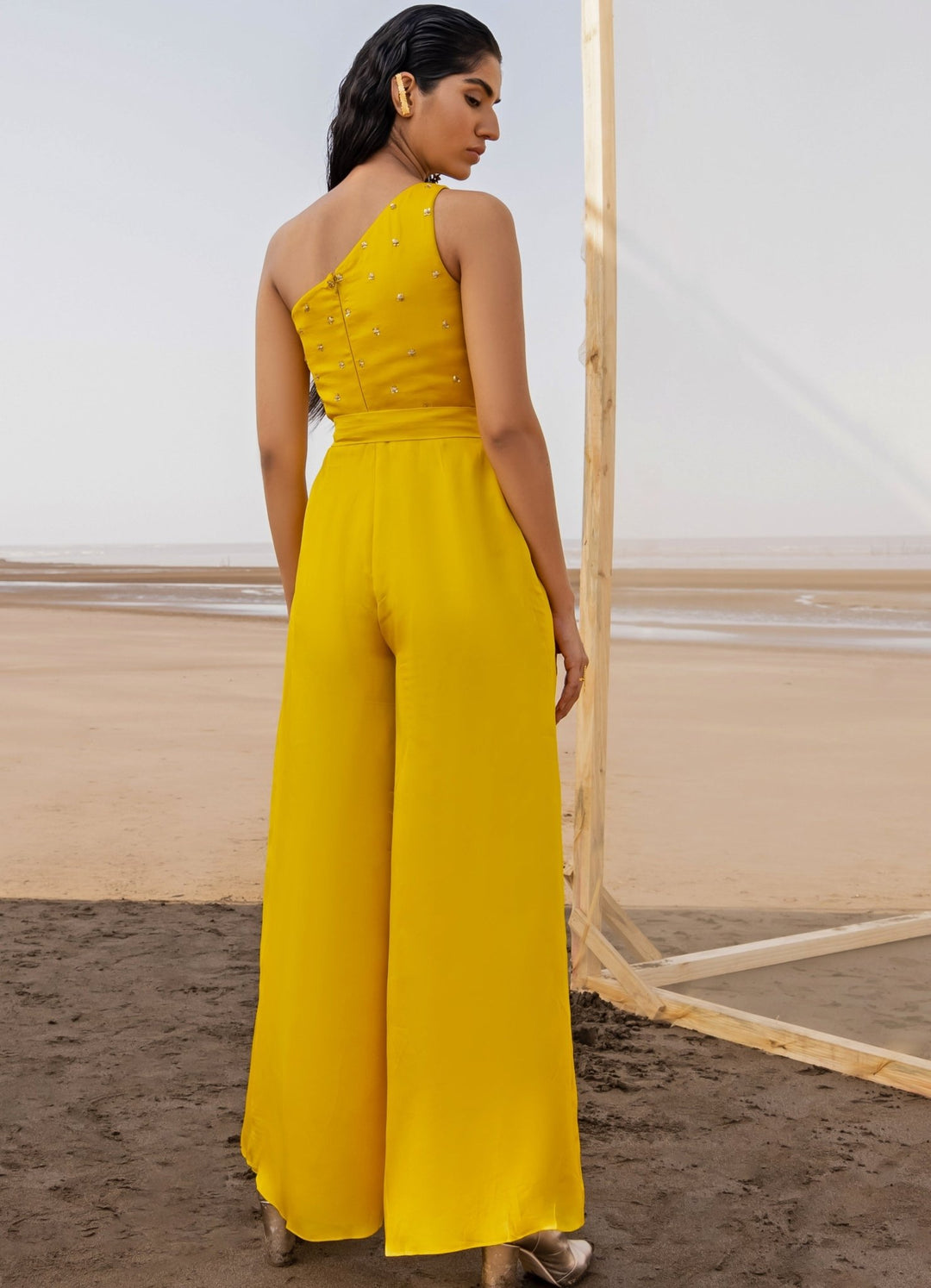 Mango Yellow Small Butti Embroidered One Side Shoulder Jumpsuit With A Belt Ease - Fabilicious Fashion