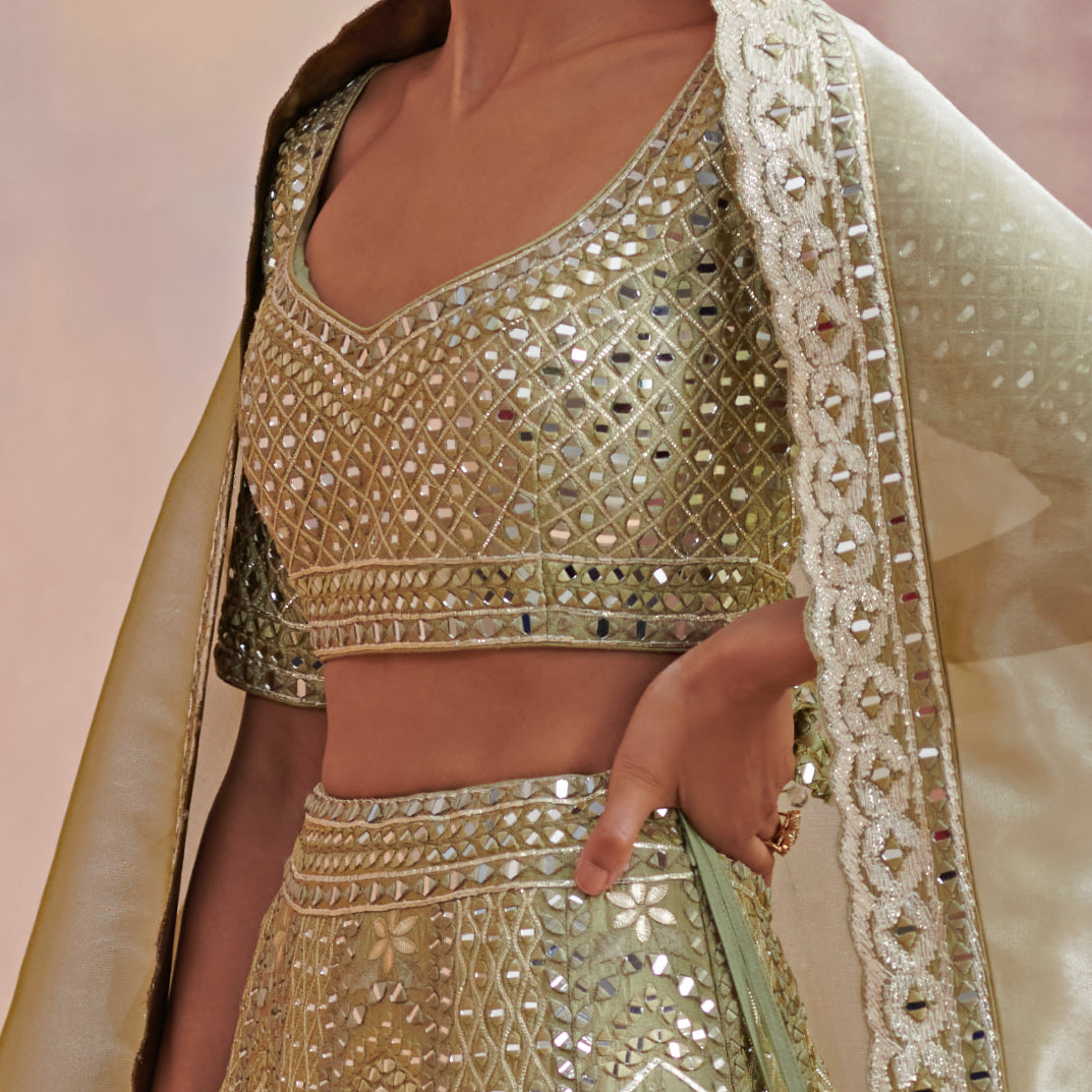 Mannat Sage Green Embroidered Lehenga Set Suhino - Fabilicious Fashion