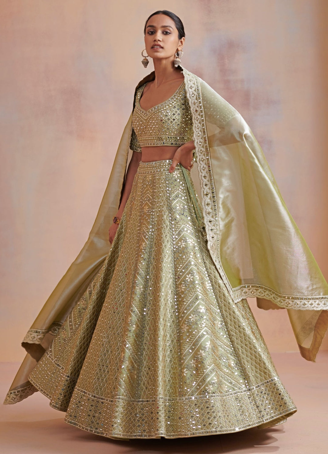 Mannat Sage Green Embroidered Lehenga Set Suhino - Fabilicious Fashion