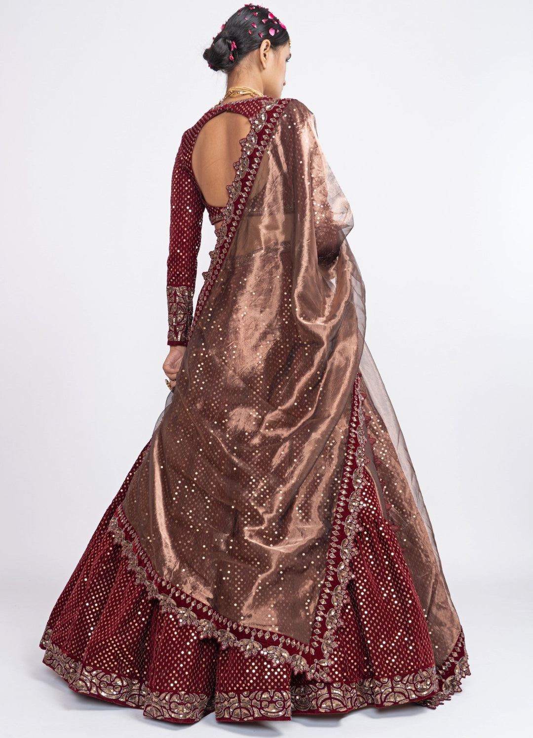 Maroon and Copper Dotted Lehenga Set Vvani by Vani Vats - Fabilicious Fashion