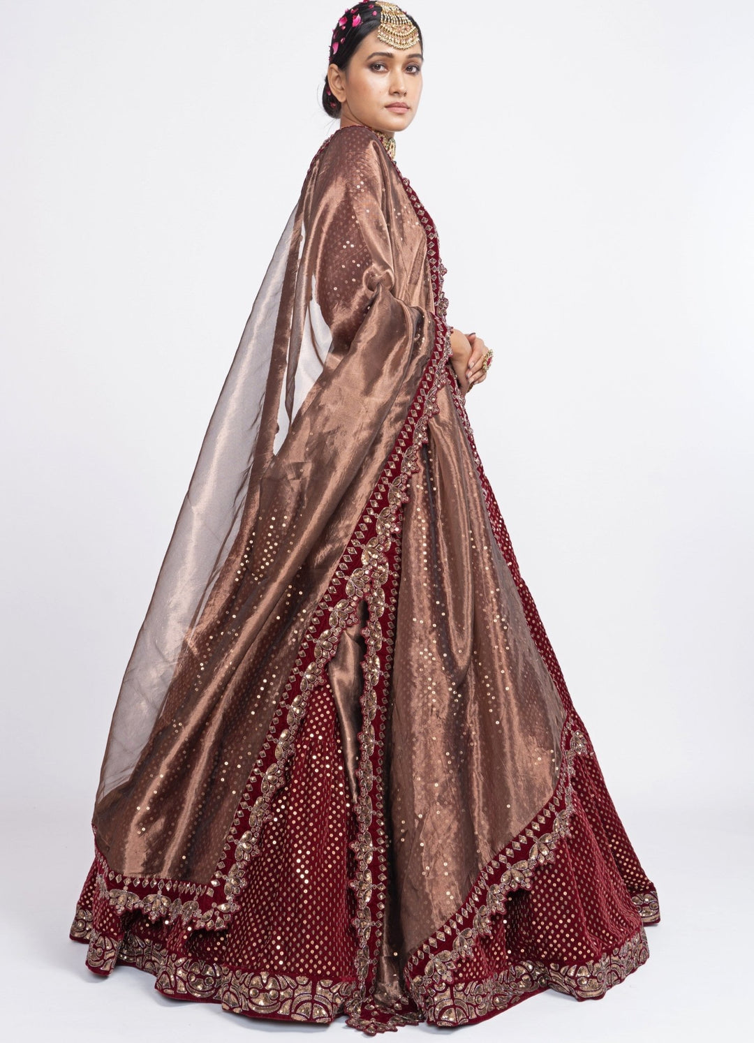 Maroon and Copper Dotted Lehenga Set Vvani by Vani Vats - Fabilicious Fashion