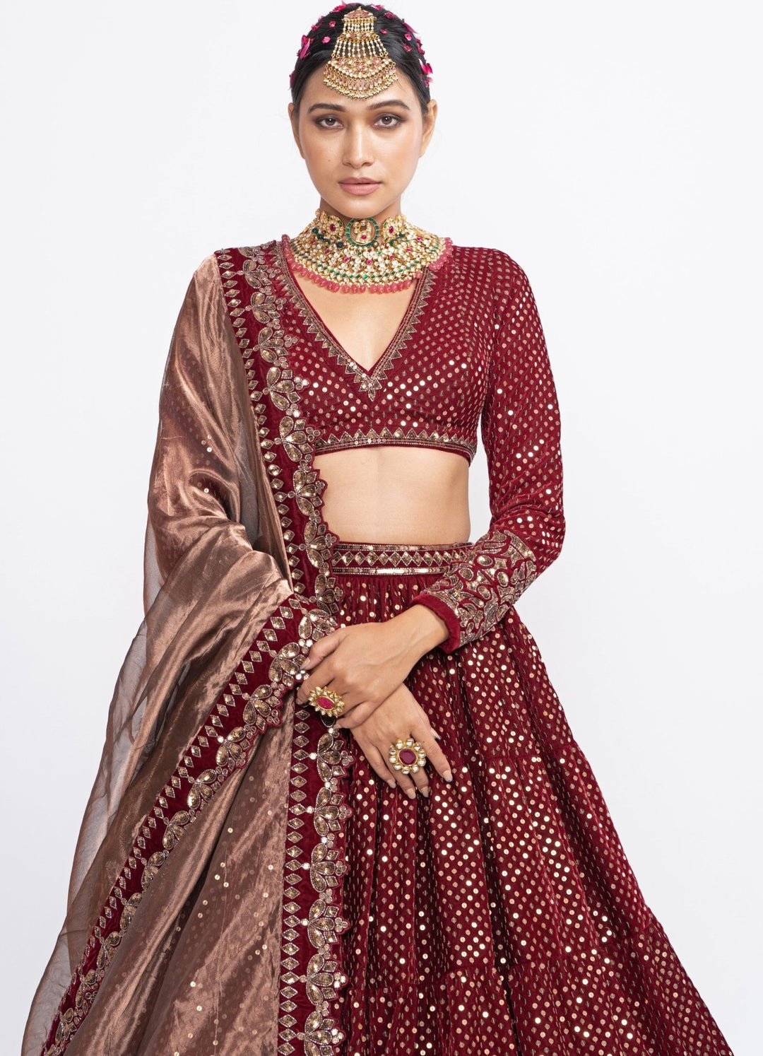 Maroon and Copper Dotted Lehenga Set Vvani by Vani Vats - Fabilicious Fashion