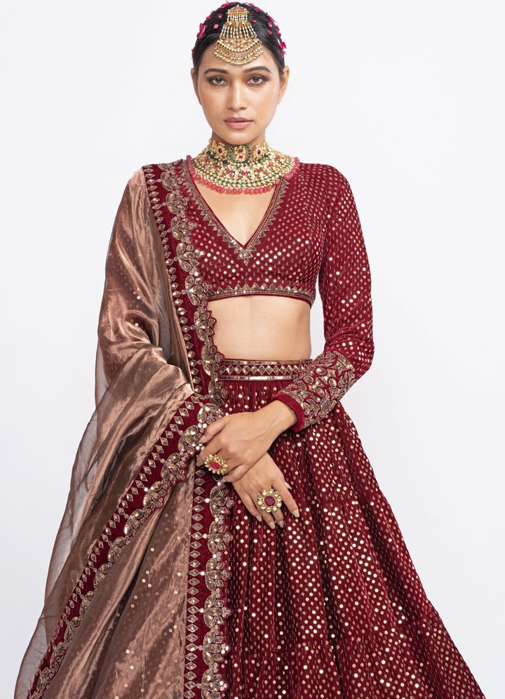 Maroon and Copper Dotted Lehenga Set Vvani by Vani Vats - Fabilicious Fashion