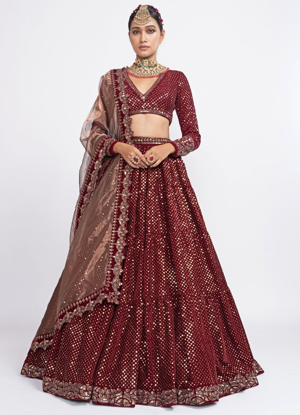 Maroon and Copper Dotted Lehenga Set Vvani by Vani Vats - Fabilicious Fashion