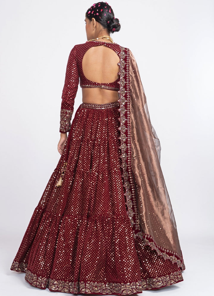 Maroon and Copper Dotted Lehenga Set Vvani by Vani Vats - Fabilicious Fashion