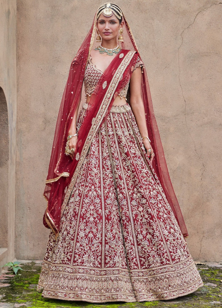 Maroon Bridal Velvet Lehenga With Net Dupatta Nitika Gujral - Fabilicious Fashion