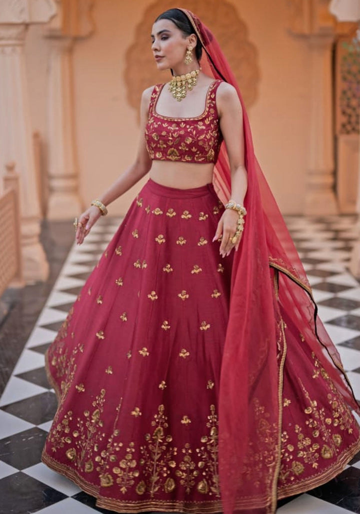 Maroon Chanderi Silk Bridal Lehenga Set Esha Koul - Fabilicious Fashion