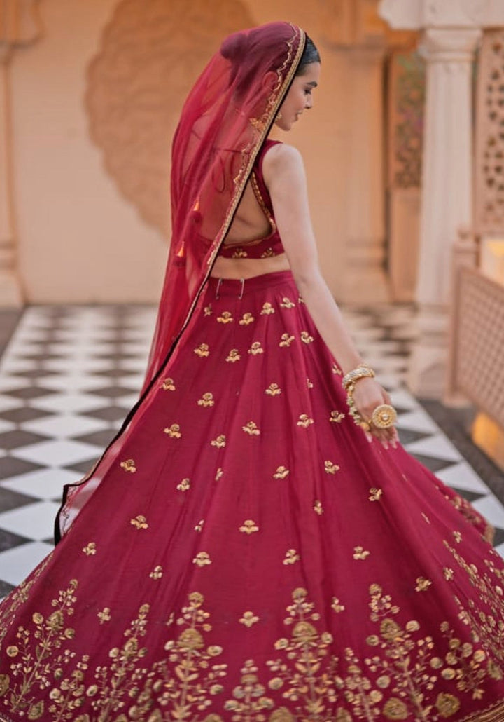 Maroon Chanderi Silk Bridal Lehenga Set Esha Koul - Fabilicious Fashion