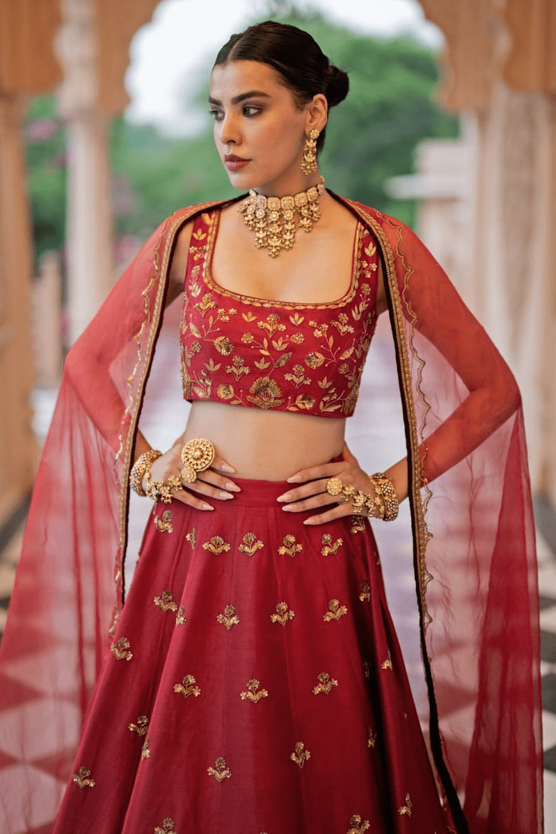 Maroon Chanderi Silk Bridal Lehenga Set Esha Koul - Fabilicious Fashion
