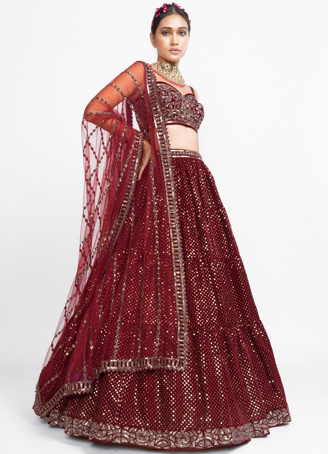 Maroon Dotted Corset Lehenga Set Vvani by Vani Vats - Fabilicious Fashion