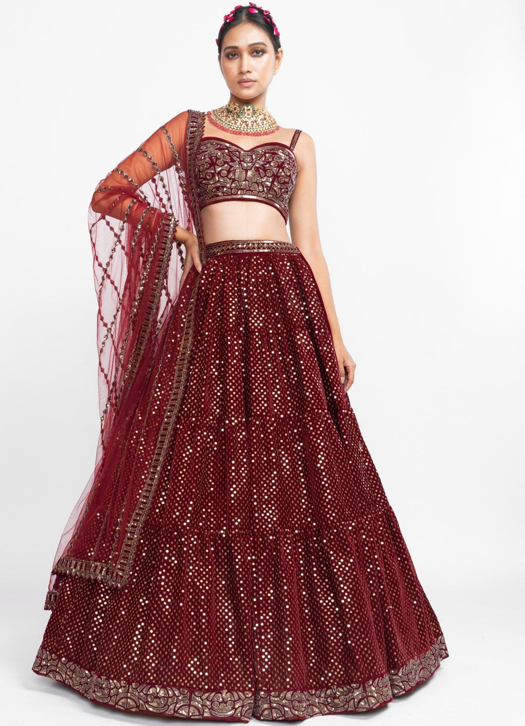 Maroon Dotted Corset Lehenga Set Vvani by Vani Vats - Fabilicious Fashion