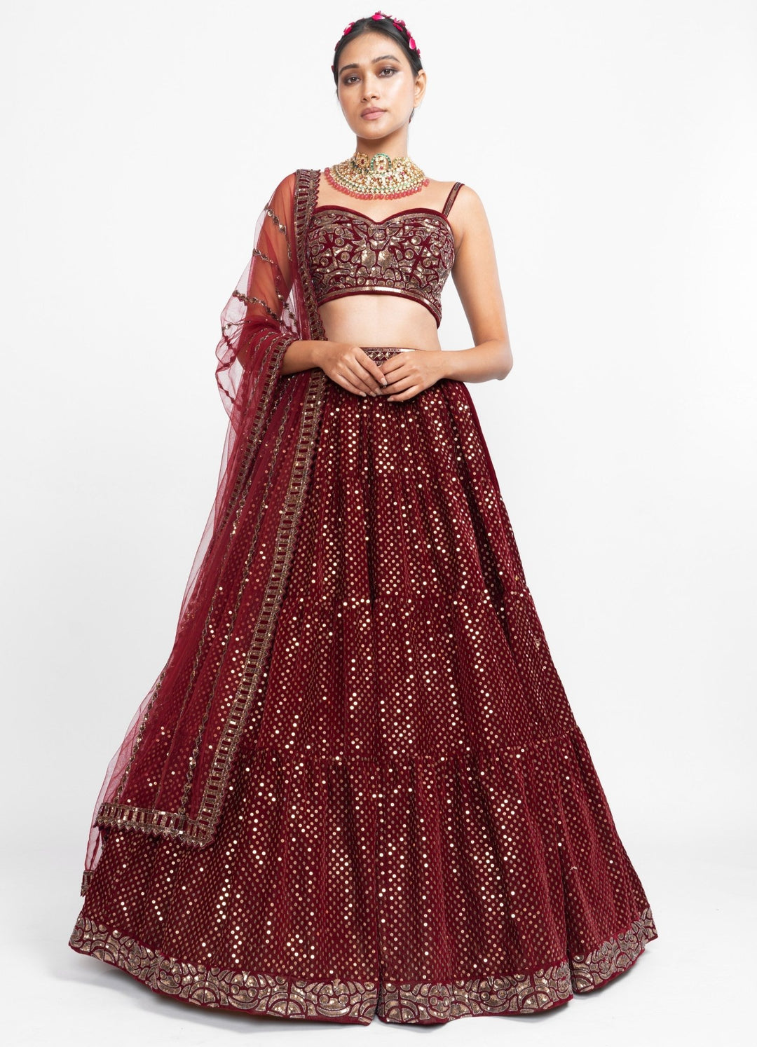 Maroon Dotted Corset Lehenga Set Vvani by Vani Vats - Fabilicious Fashion