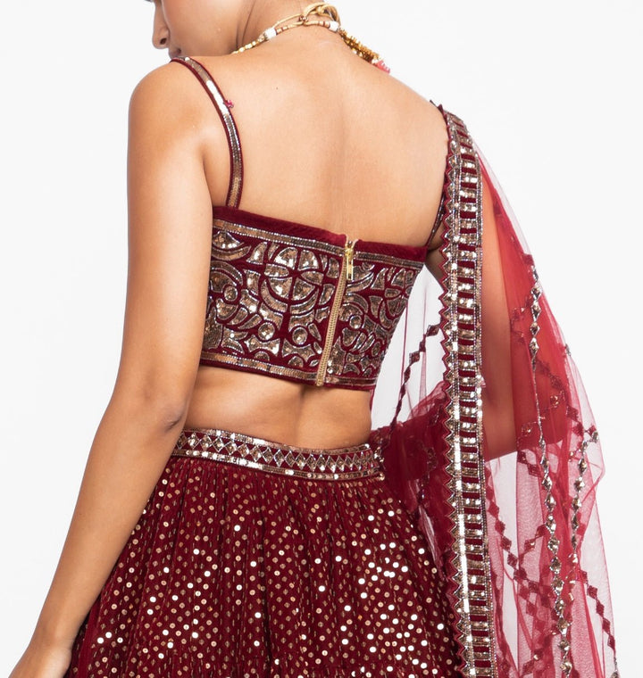 Maroon Dotted Corset Lehenga Set Vvani by Vani Vats - Fabilicious Fashion