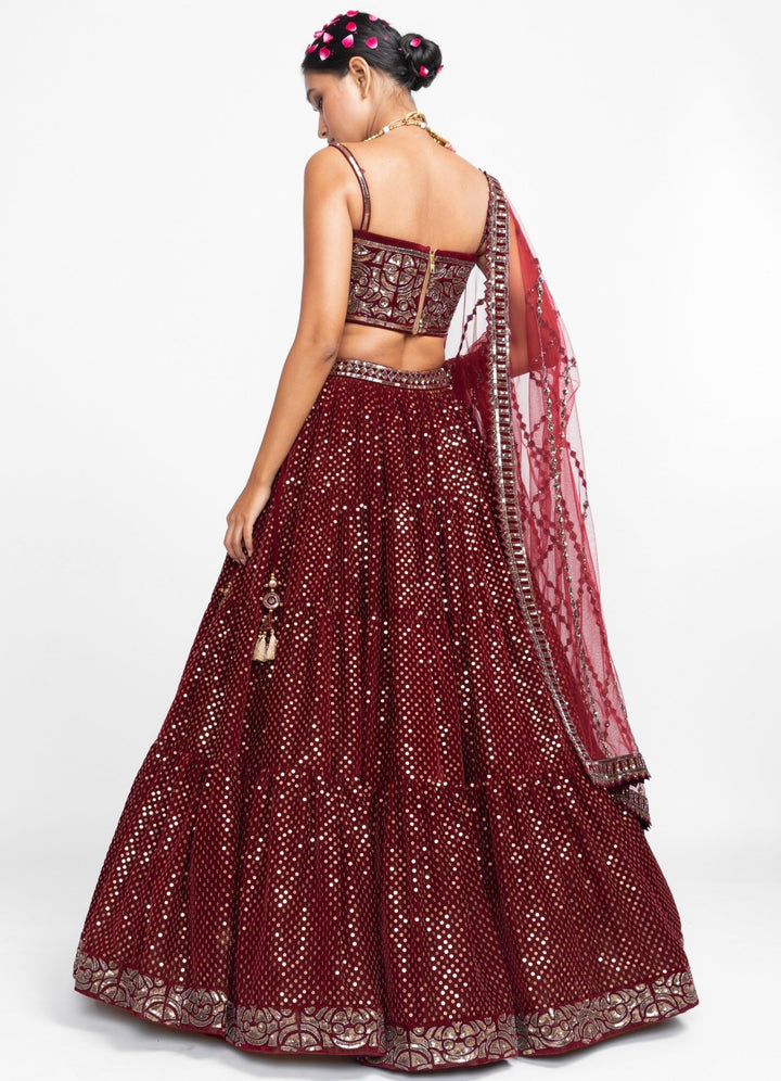 Maroon Dotted Corset Lehenga Set Vvani by Vani Vats - Fabilicious Fashion