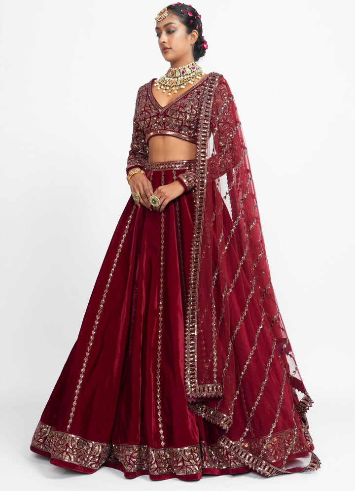 Maroon Kalidar Lehenga Set Vvani by Vani Vats - Fabilicious Fashion