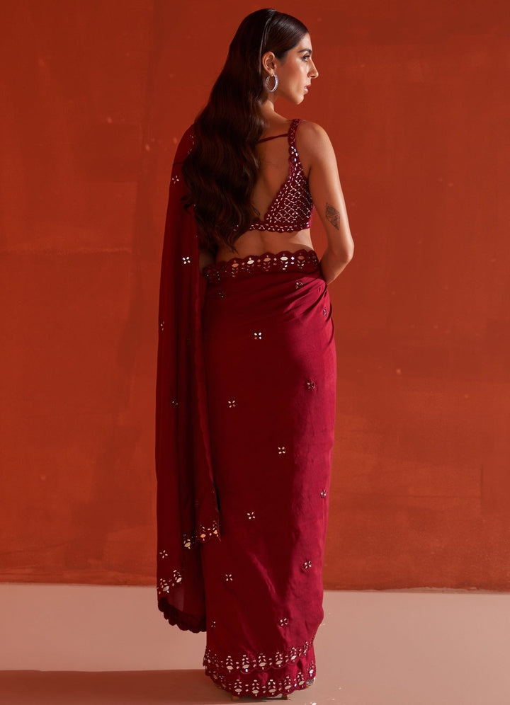 Maroon Mirrorwork Embellished Silk Saree Angad Singh - Fabilicious Fashion