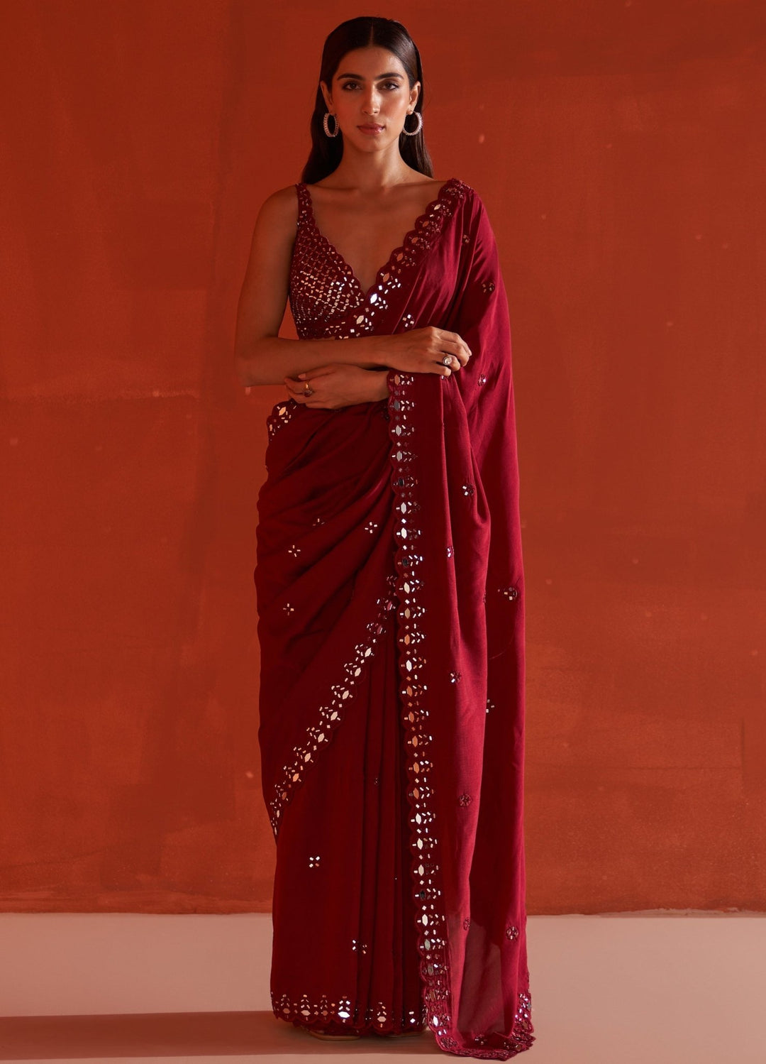 Maroon Mirrorwork Embellished Silk Saree Angad Singh - Fabilicious Fashion