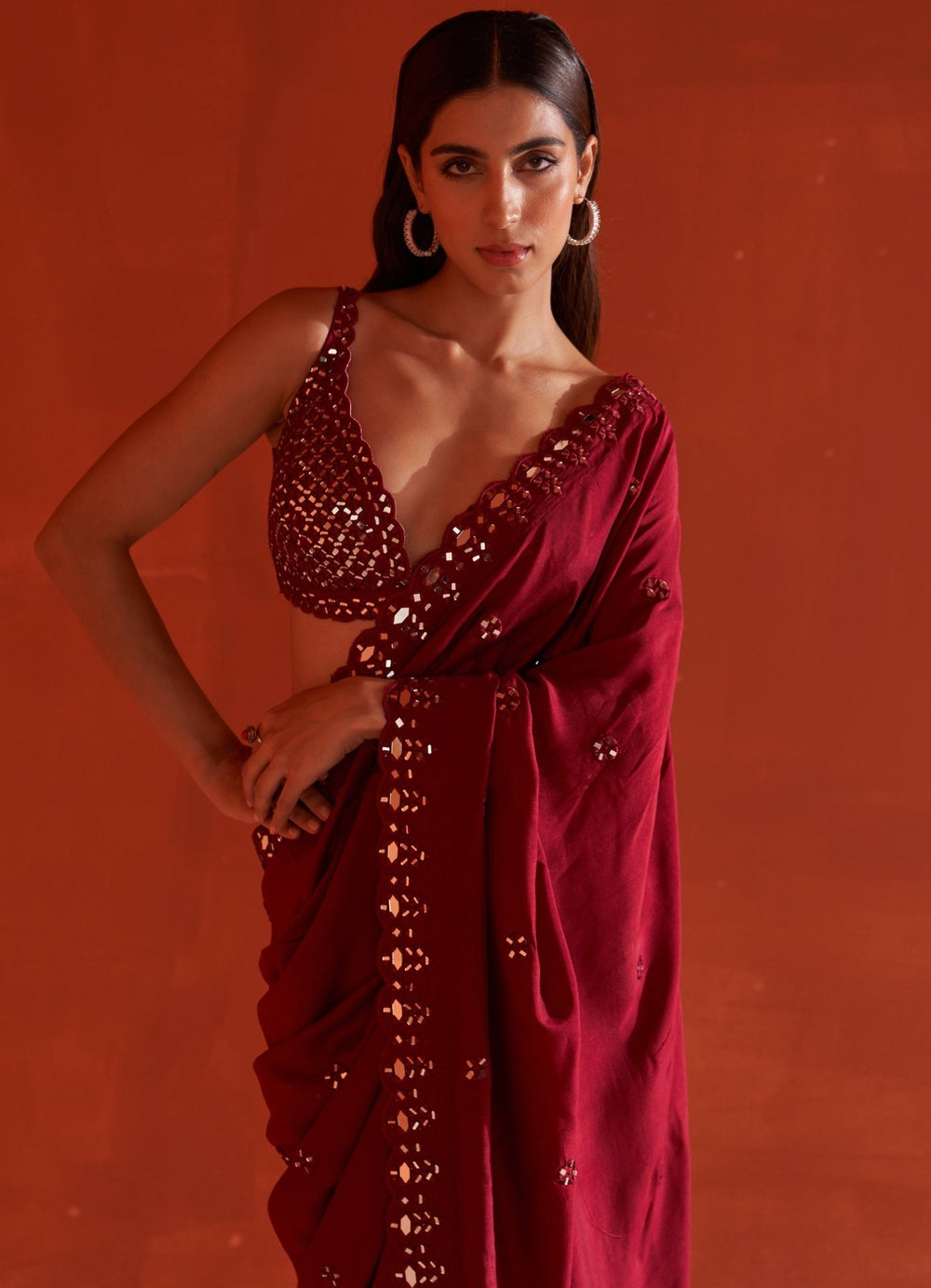 Maroon Mirrorwork Embellished Silk Saree Angad Singh - Fabilicious Fashion