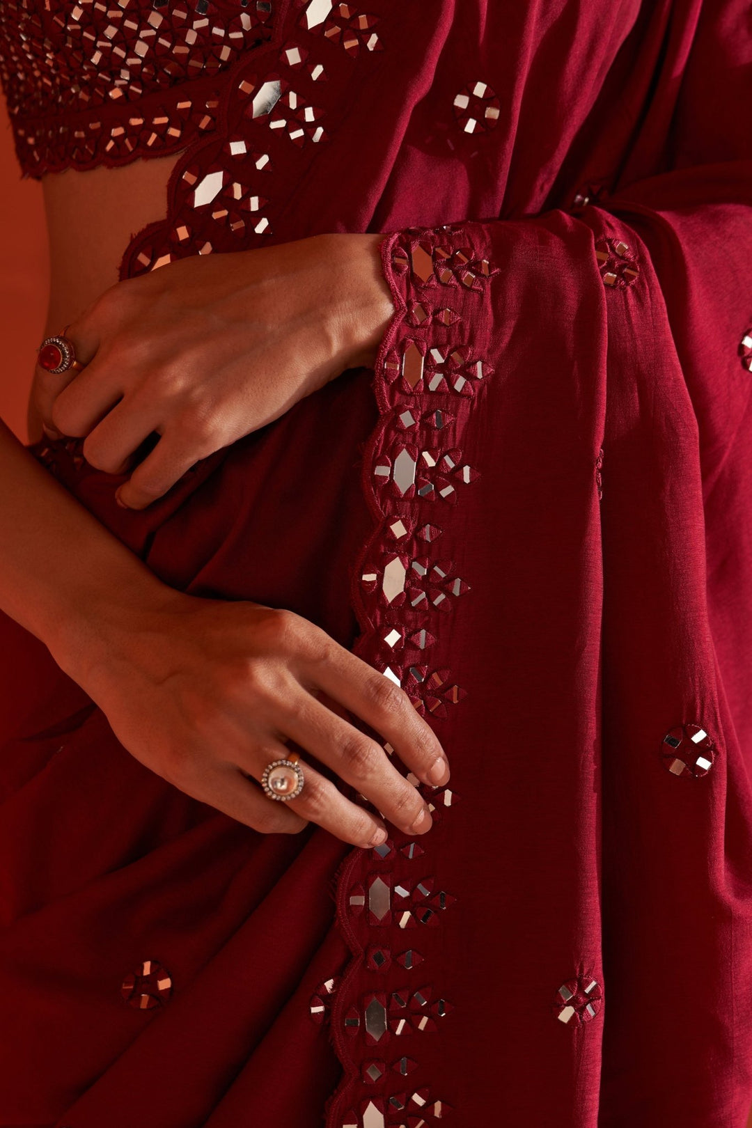 Maroon Mirrorwork Embellished Silk Saree Angad Singh - Fabilicious Fashion