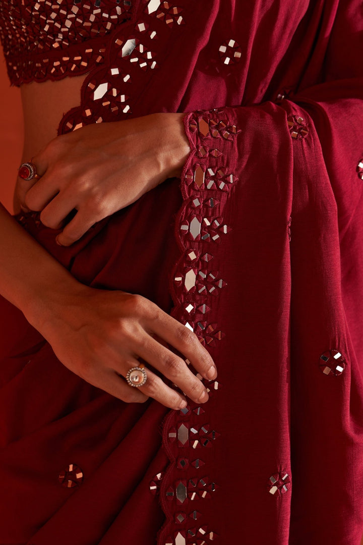 Maroon Mirrorwork Embellished Silk Saree Angad Singh - Fabilicious Fashion