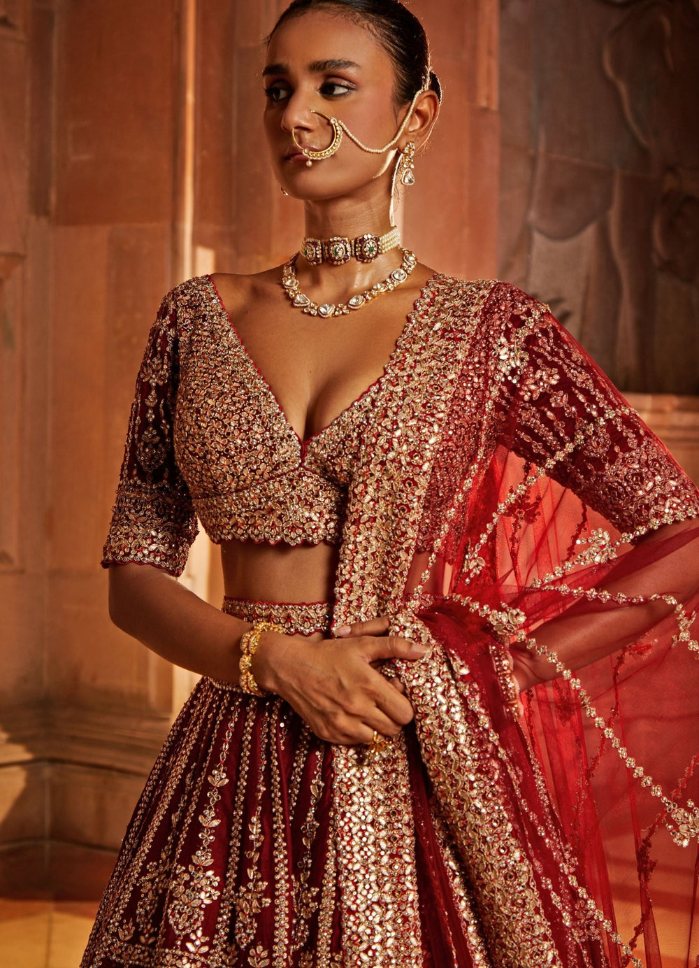 Maroon Raw Silk Lehenga Set With Belt And Tulle Dupatta Nitika Gujral - Fabilicious Fashion