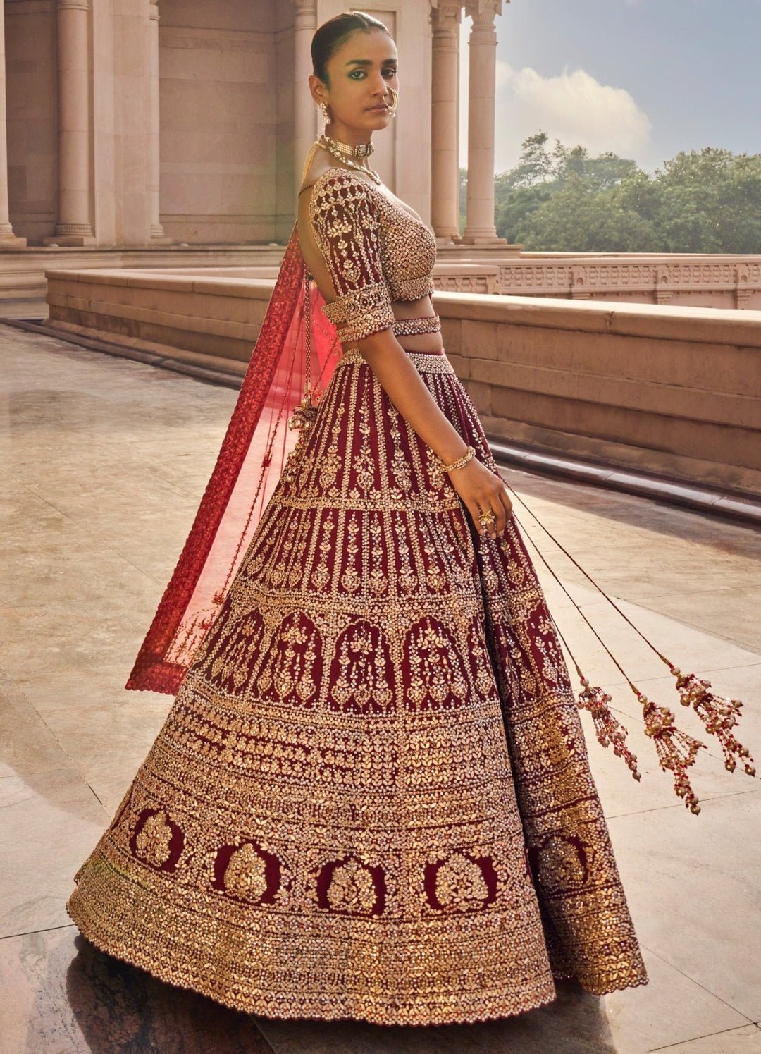 Maroon Raw Silk Lehenga Set With Belt And Tulle Dupatta Nitika Gujral - Fabilicious Fashion
