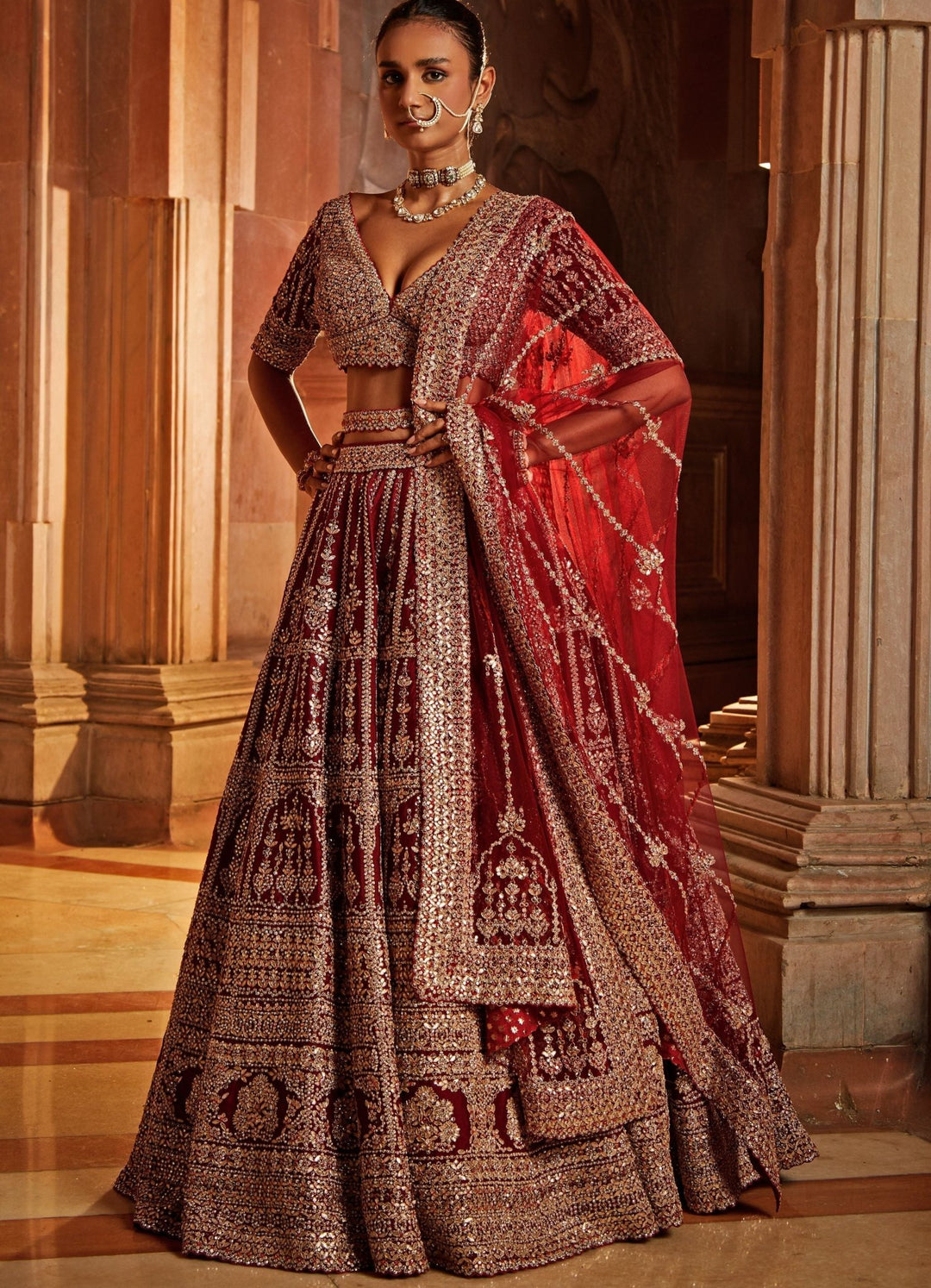 Maroon Raw Silk Lehenga Set With Belt And Tulle Dupatta Nitika Gujral - Fabilicious Fashion