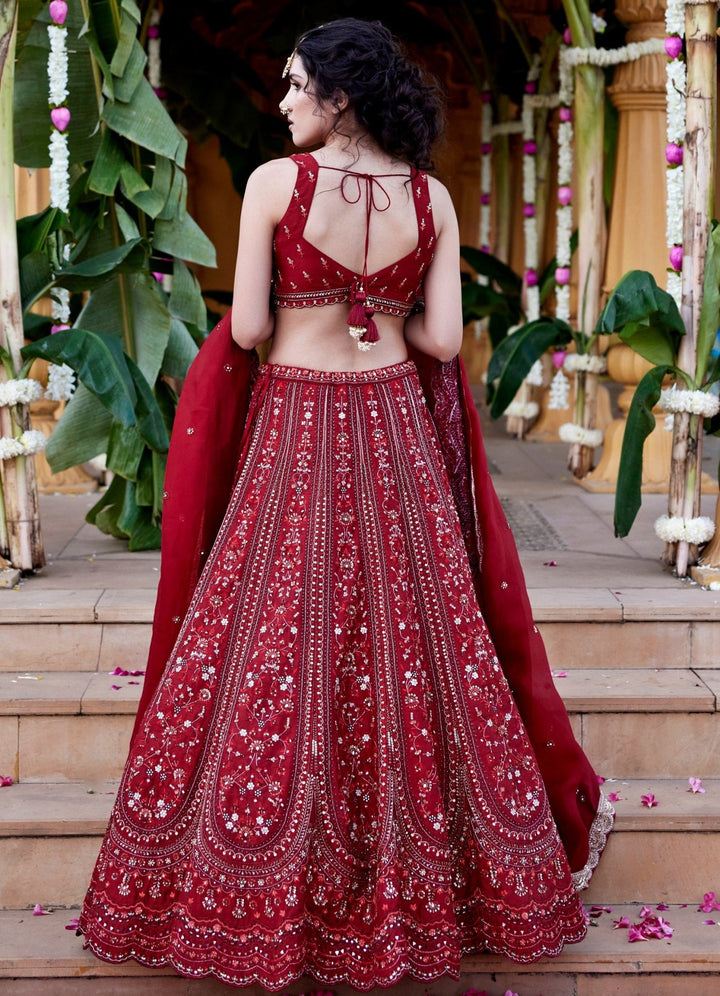 Maroon Red Embroidered Lehenga Set Chamee and Palak - Fabilicious Fashion