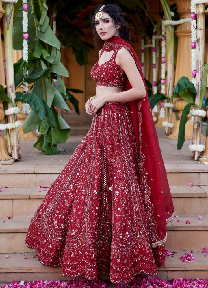 Maroon Red Embroidered Lehenga Set Chamee and Palak - Fabilicious Fashion