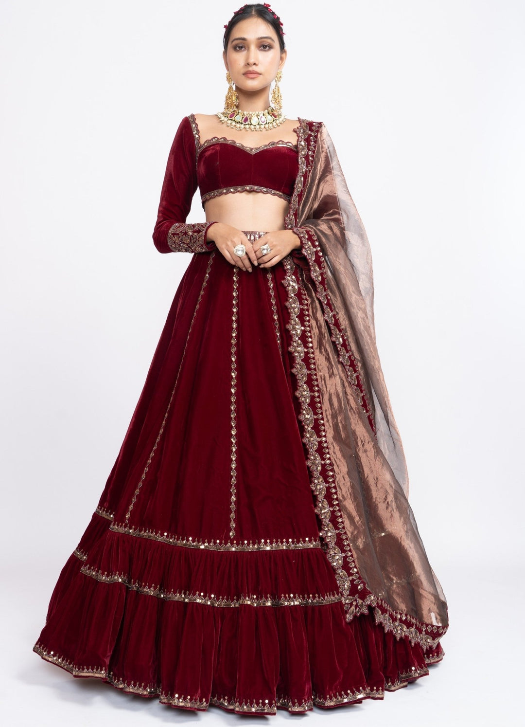 Maroon Tiered Lehenga Set Vvani by Vani Vats - Fabilicious Fashion