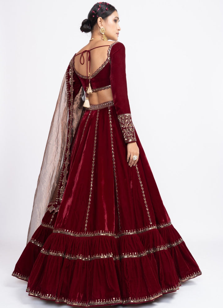 Maroon Tiered Lehenga Set Vvani by Vani Vats - Fabilicious Fashion