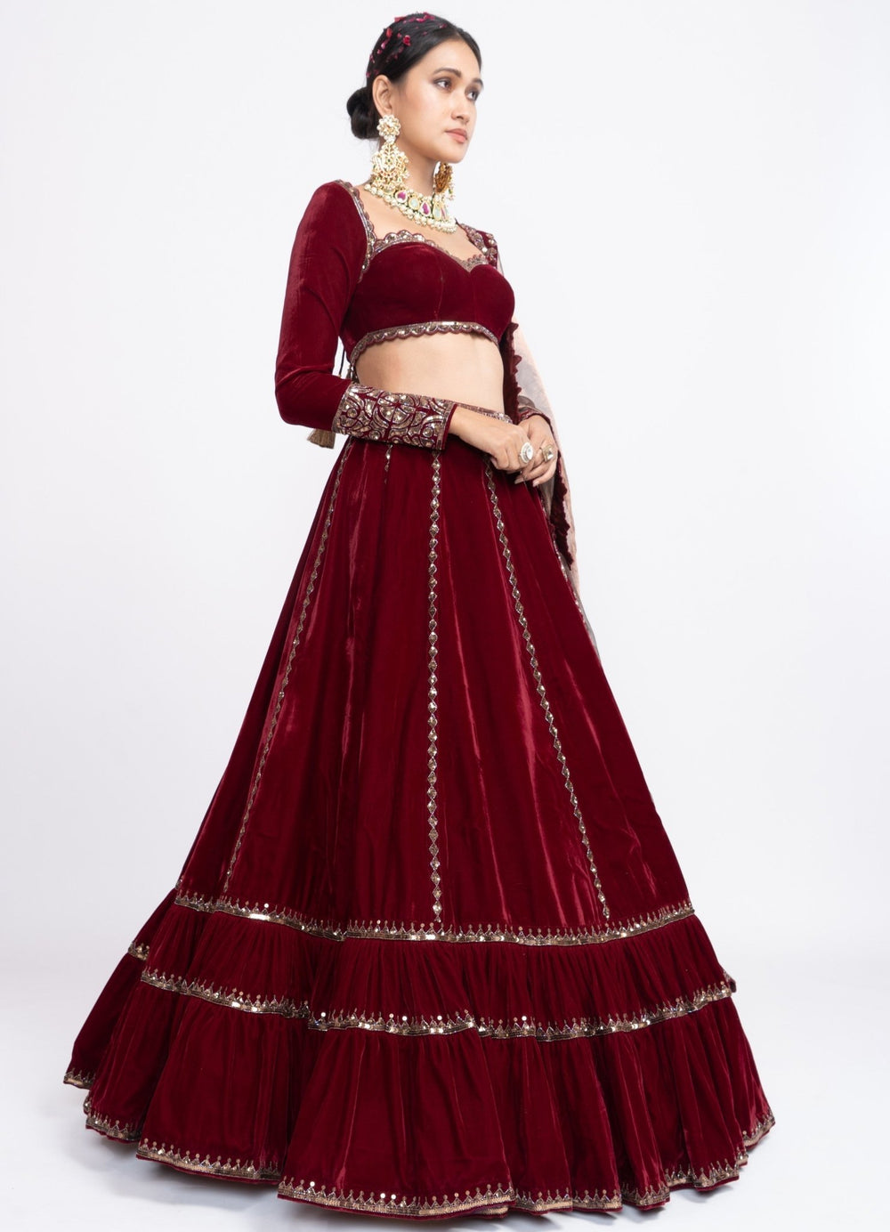 Maroon Tiered Lehenga Set Vvani by Vani Vats - Fabilicious Fashion