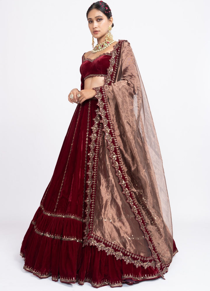 Maroon Tiered Lehenga Set Vvani by Vani Vats - Fabilicious Fashion