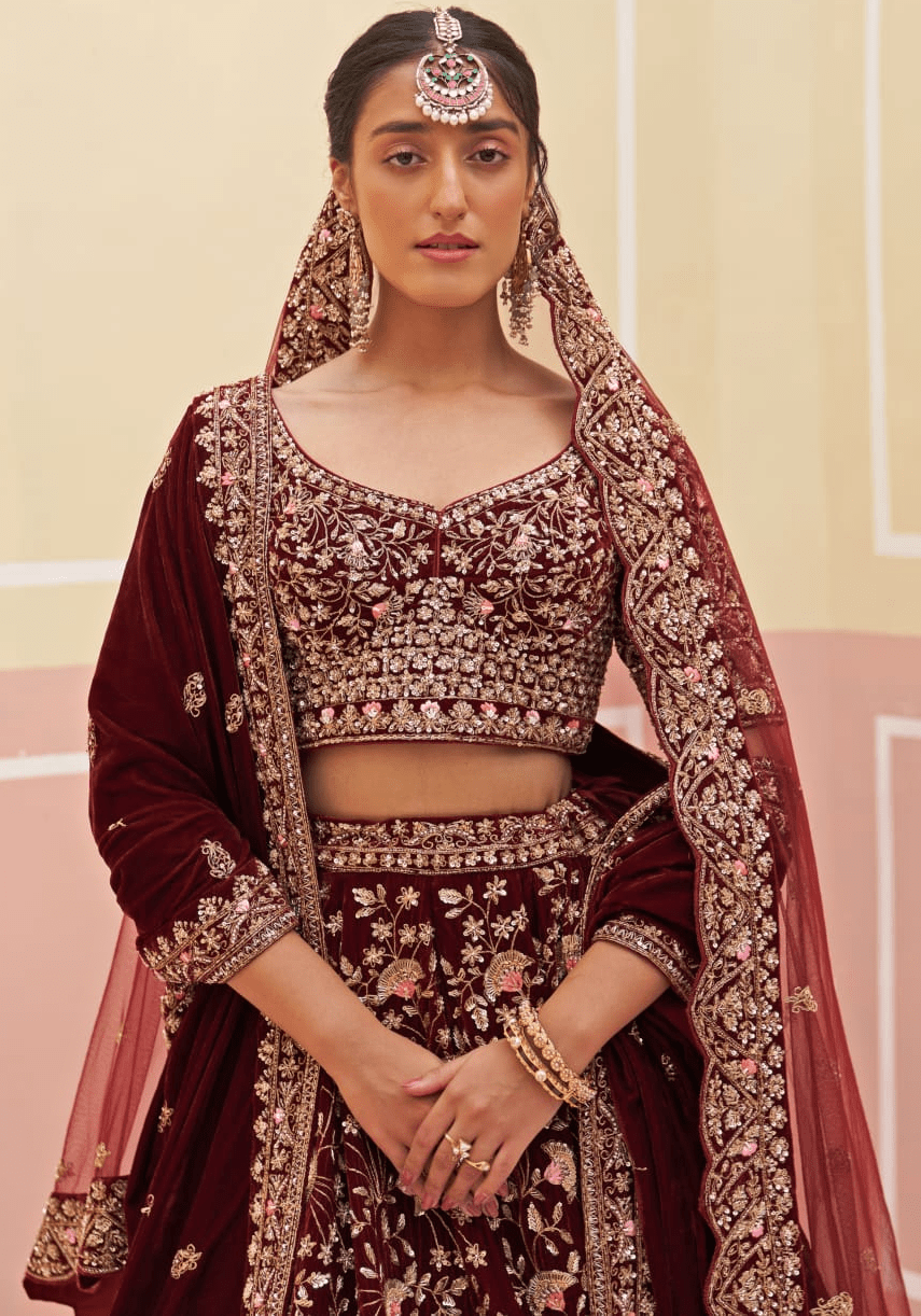 Maroon Velvet Embroidered Bridal Lehenga Angad Singh - Fabilicious Fashion