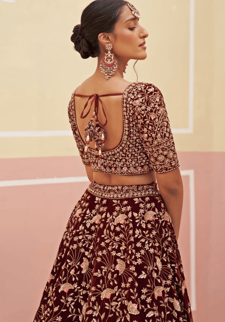 Maroon Velvet Embroidered Bridal Lehenga Angad Singh - Fabilicious Fashion