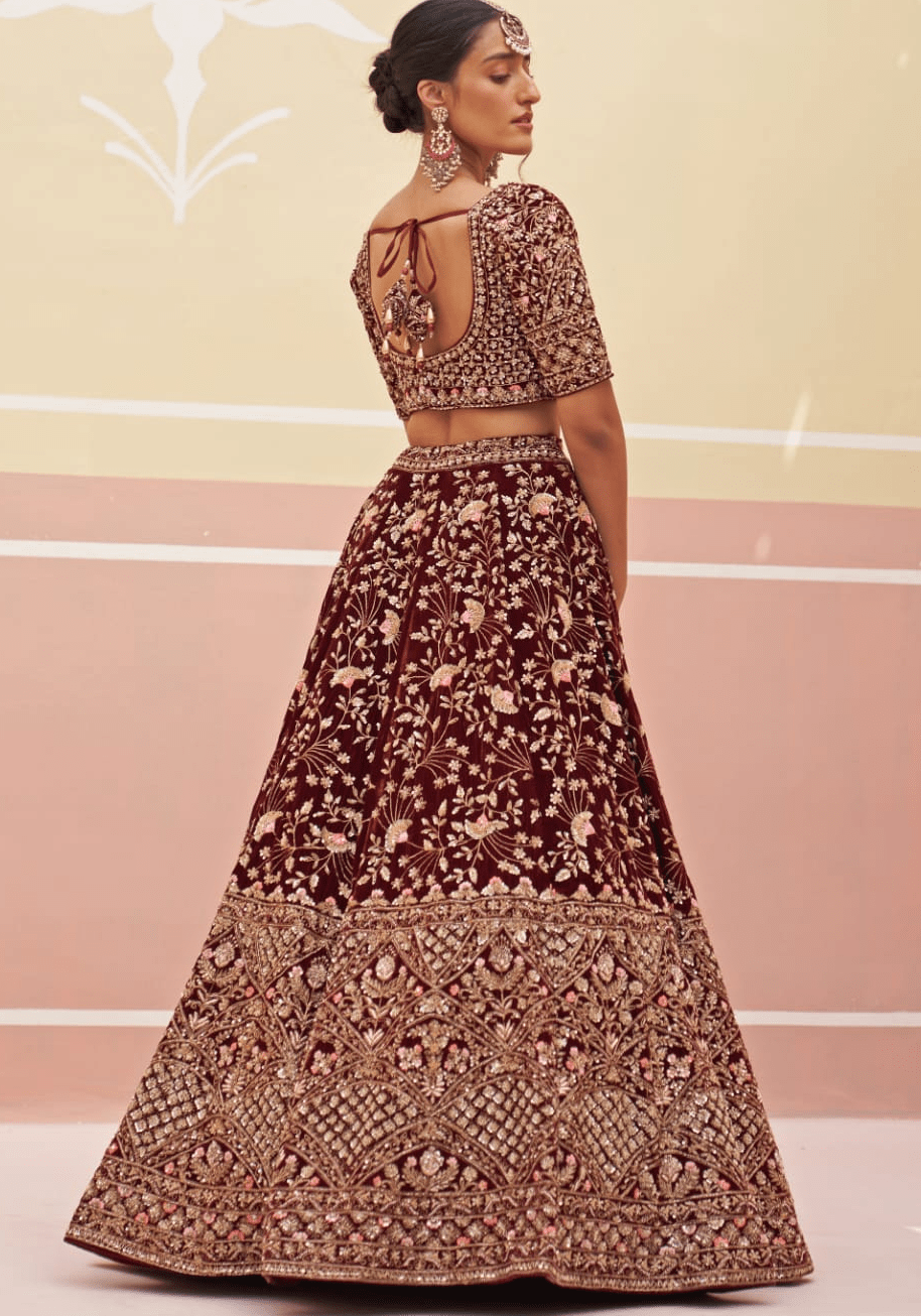 Maroon Velvet Embroidered Bridal Lehenga Angad Singh - Fabilicious Fashion
