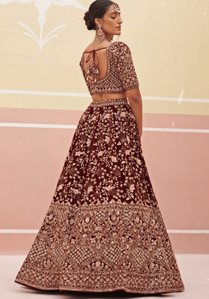 Maroon Velvet Embroidered Bridal Lehenga Angad Singh - Fabilicious Fashion