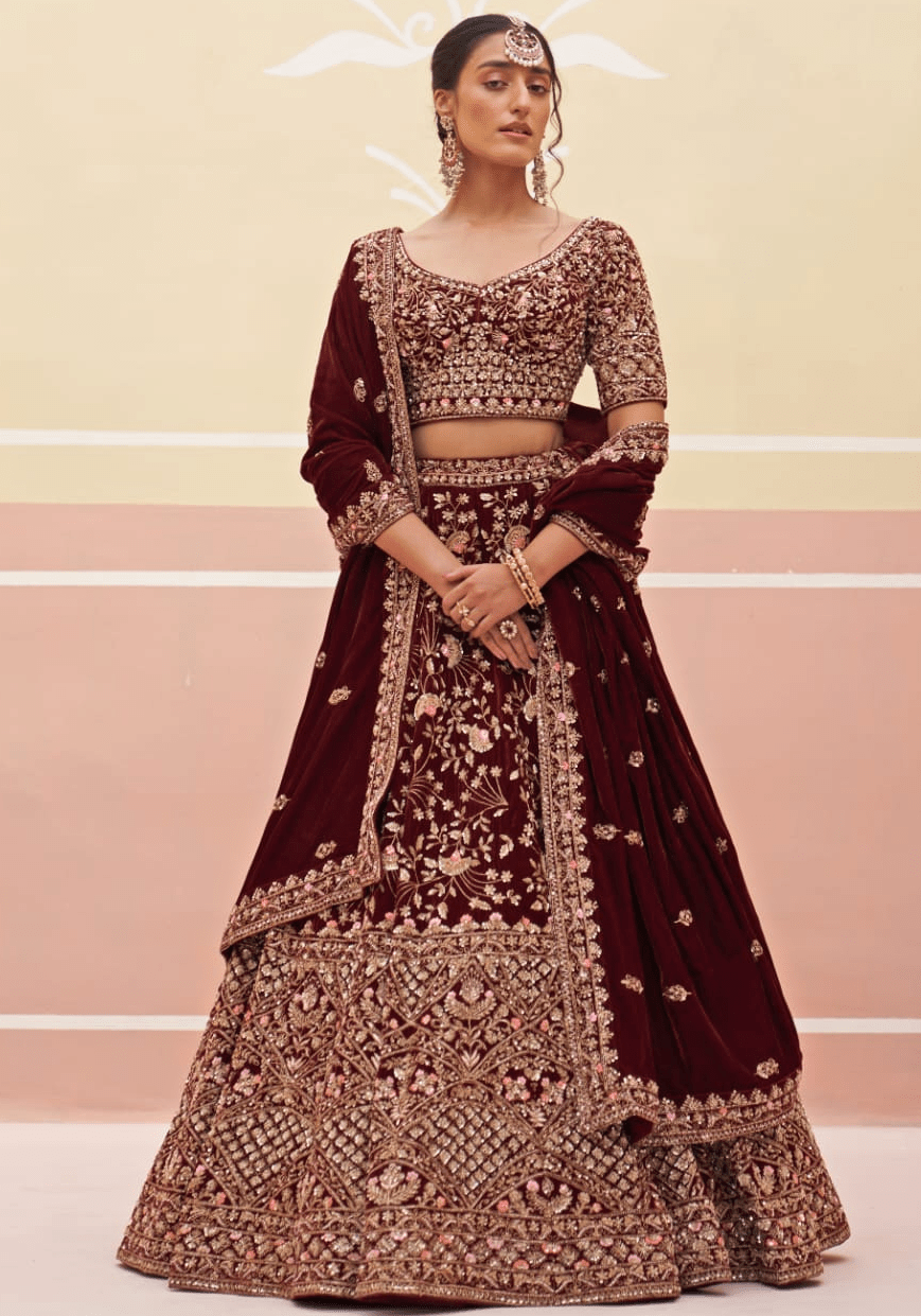 Maroon Velvet Embroidered Bridal Lehenga Angad Singh - Fabilicious Fashion