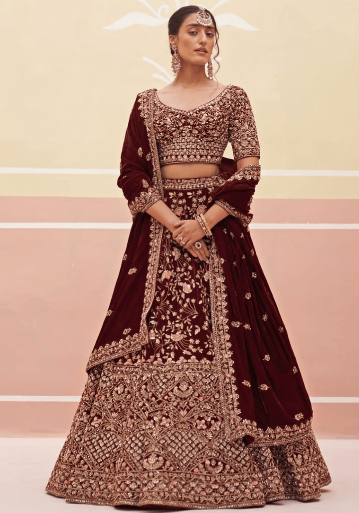 Maroon Velvet Embroidered Bridal Lehenga Angad Singh - Fabilicious Fashion