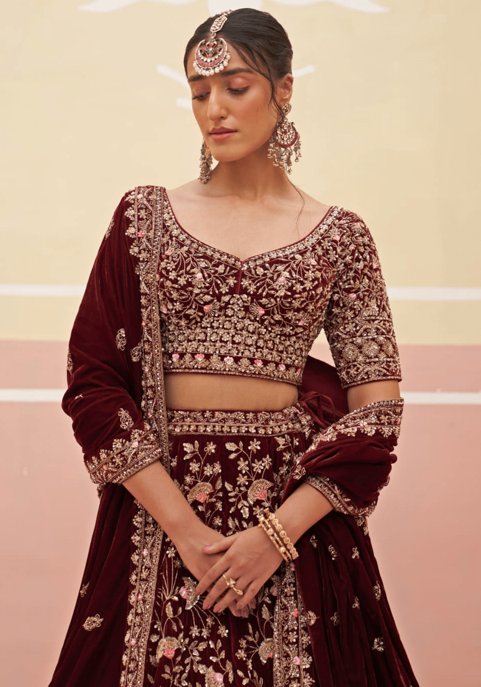 Maroon Velvet Embroidered Bridal Lehenga Angad Singh - Fabilicious Fashion