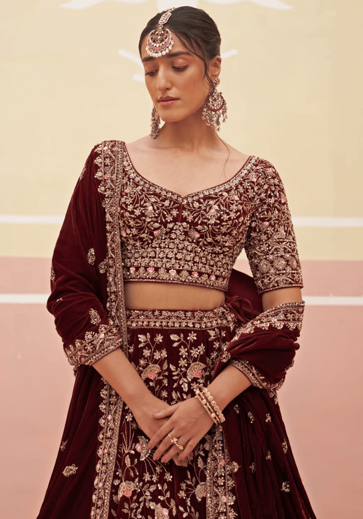 Maroon Velvet Embroidered Bridal Lehenga Angad Singh - Fabilicious Fashion
