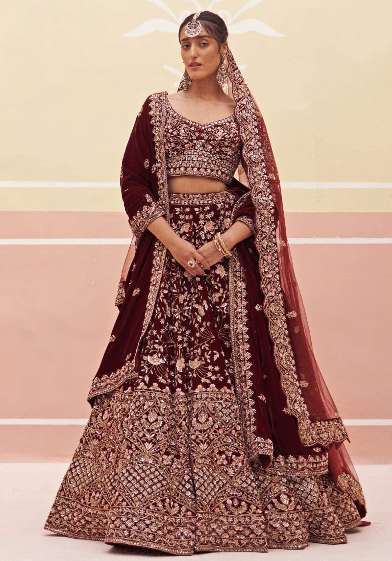 Maroon Velvet Embroidered Bridal Lehenga Angad Singh - Fabilicious Fashion