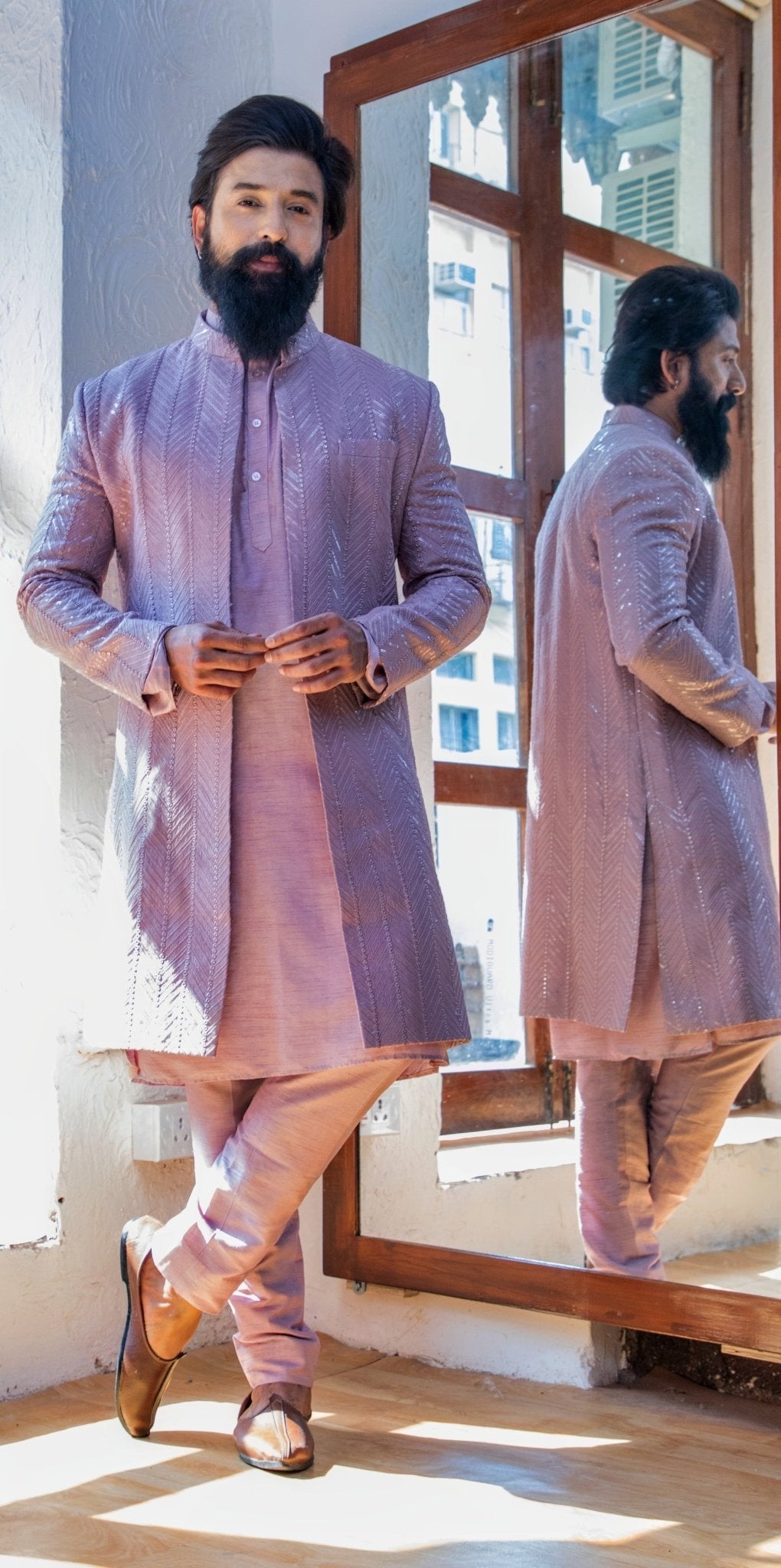 Mauve Embellished Jacket Style Sherwani Set Priti Sahni - Men - Fabilicious Fashion