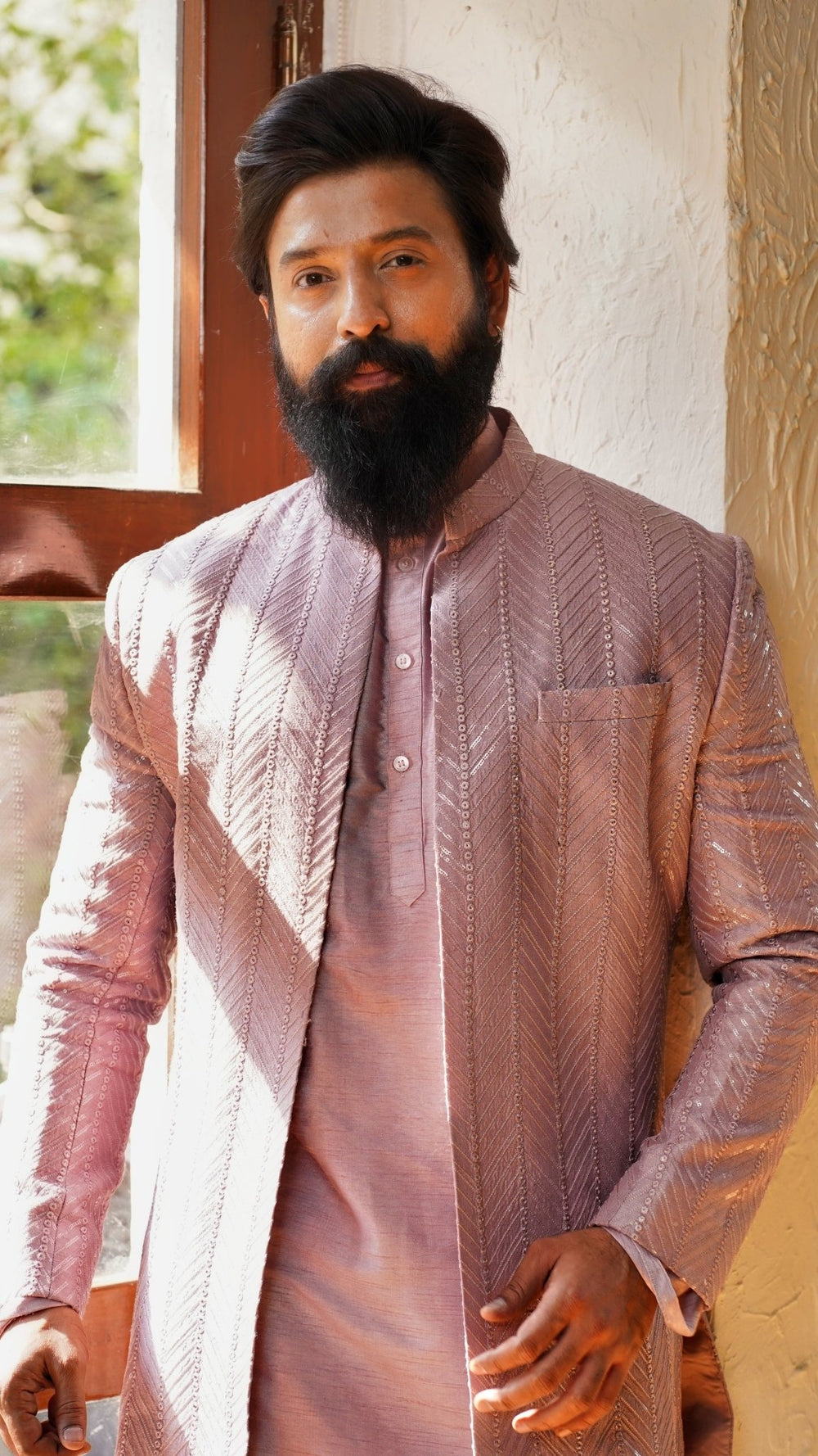 Mauve Embellished Jacket Style Sherwani Set Priti Sahni - Men - Fabilicious Fashion