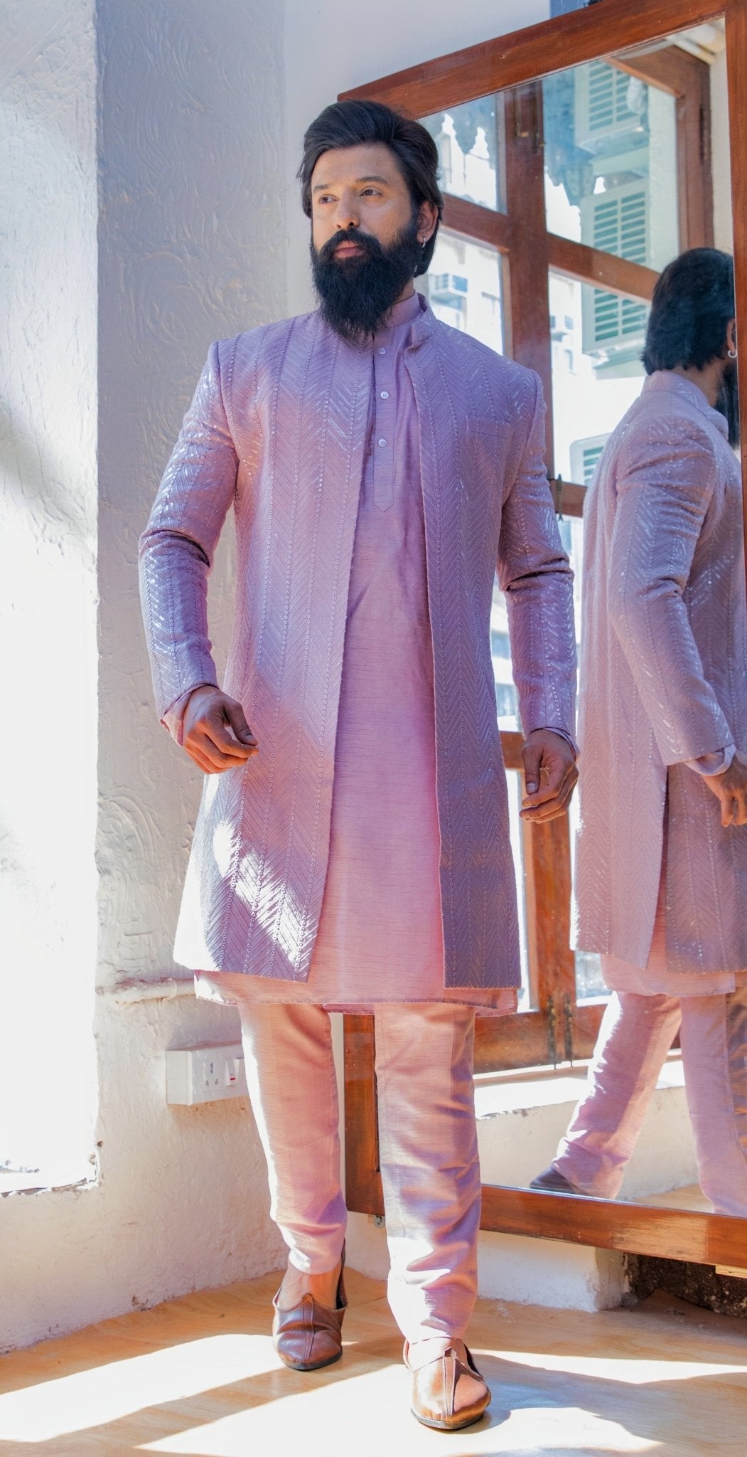 Mauve Embellished Jacket Style Sherwani Set Priti Sahni Men Fabilicious Fashion